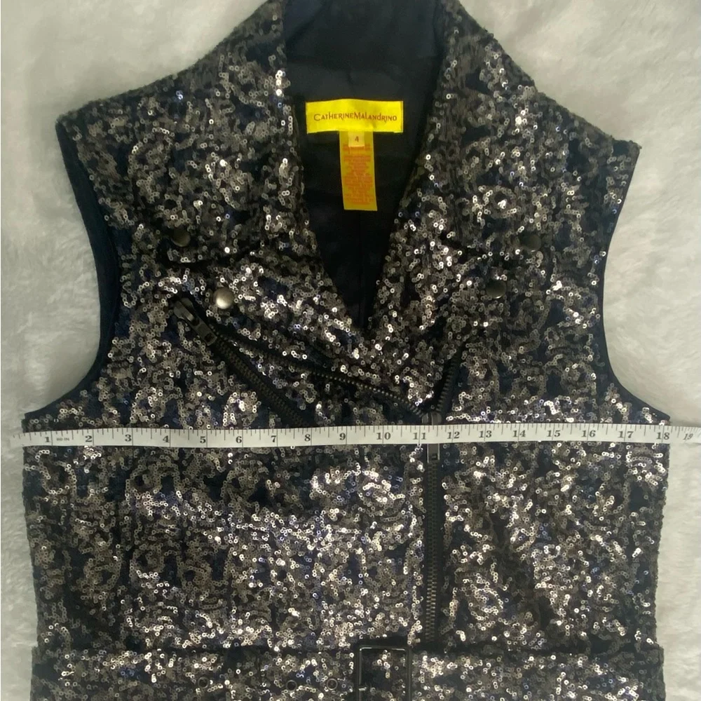Catherine Malandrino Sequin Moto Vest Galaxy Black Silver Size 4